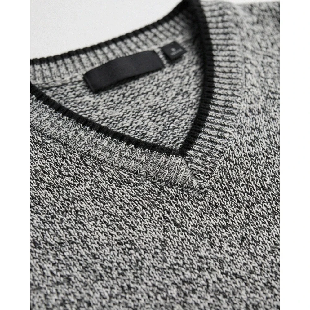 Metropolitan View Mens L V-Neck Wool Blend‎ Sweater Gray Black Marl Italian Yarn